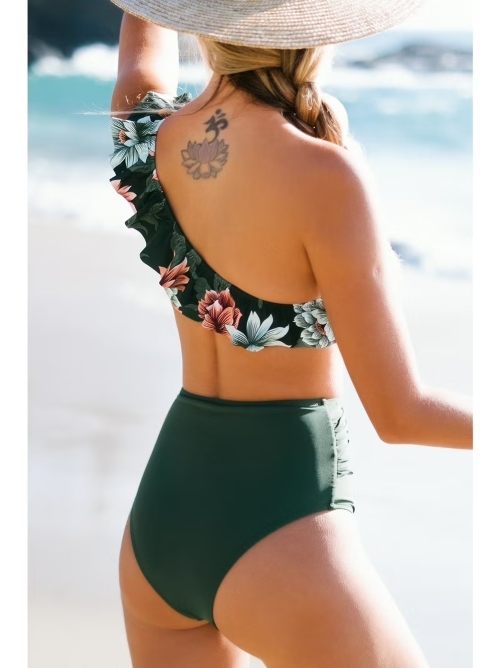 Women's Floral Print One Shoulder Two Pieces Bikini Swimsuit Ruffled High Waist - Picture 2 of 10